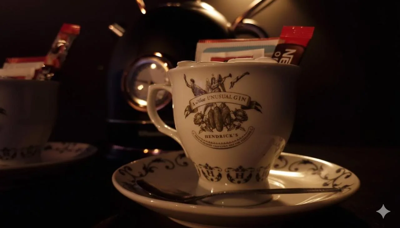 A coffee cup on a saucer with a sugar box at The Mad Hatter's Guestrooms